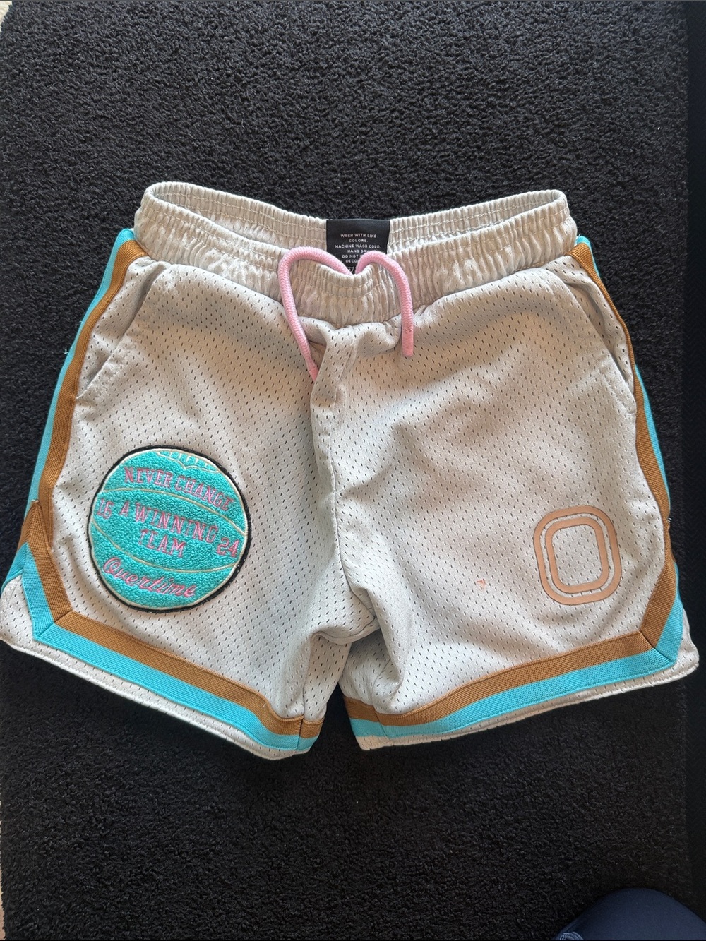 Overtime Kids Mesh Athletic Shorts in Cream with Teal & Tan Trim